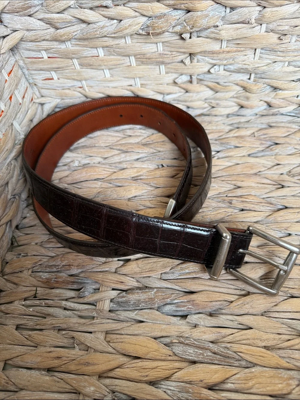 Croc-Embossed Dark Brown Leather Belt with Silver Buckle - Men